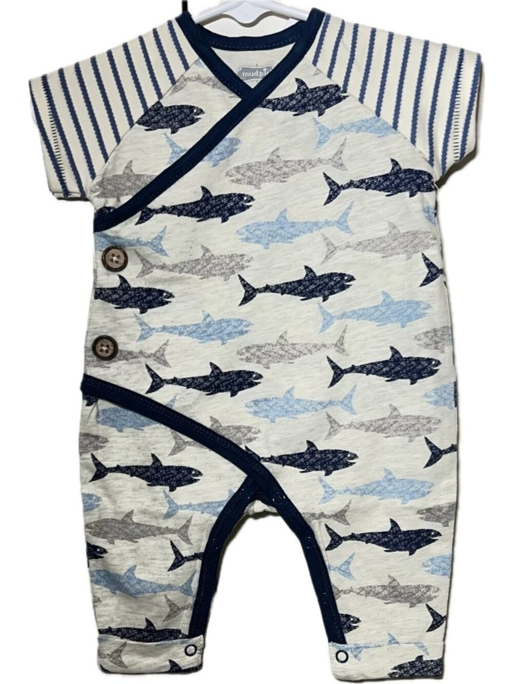 Mud Pie 0-3m 3-6m shark fish romper short sleeve tan blue NWT kimono 1pc